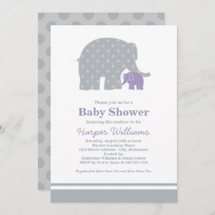 Invitation Mère Eléphant Purple Grey Dots Baby shower