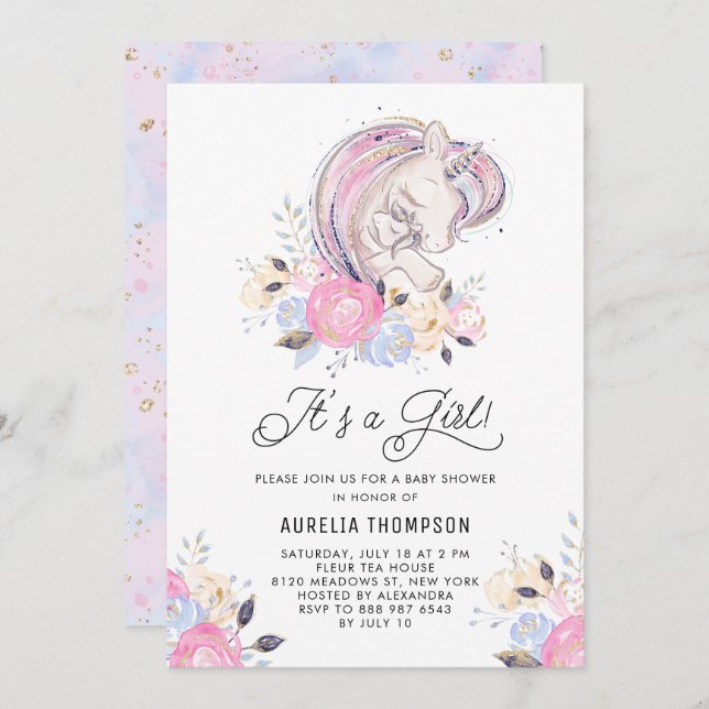 Invitation Mère et bébé licorne C'est un Baby shower de fille (Devant / Derrière)