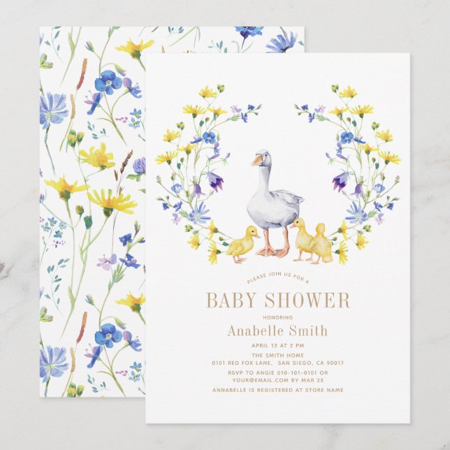Invitation Mère Goose Nursery Rhyme Floral Girl Baby shower (Devant / Derrière)