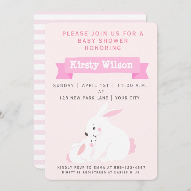 Invitation Mère mignonne et petite fille lapin | BABY SHOWER (Devant / Derrière)