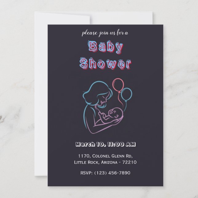 Invitation Mère néon et bébé avec ballons - Baby shower (Devant)