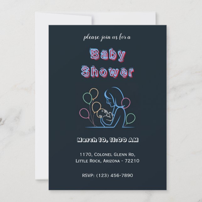 Invitation Mère néon et bébé avec ballons - Baby shower (Devant)