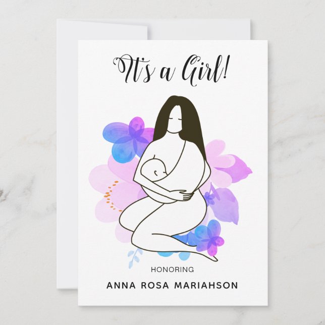 Invitation *~* Mère tenant bébé Fille Baby shower Floral (Devant)