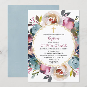 Invitation Merlot bleu de la marine Baptême floral