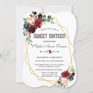 Invitation Merlot Bleu Marine Floral Cadre Doré Sweet 16