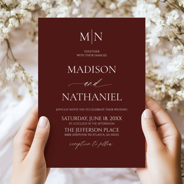 Invitation Merlot Bourgogne Minimaliste Initiale Mariage (Créateur téléchargé)