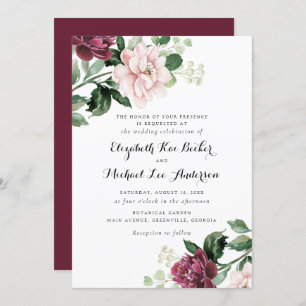 Invitation Merlot Floral Blush Verdure Mariage élégant