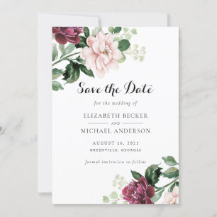 Invitation Merlot floral flou vert Élégant Enregistrer la dat