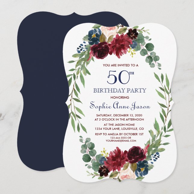 Invitation Merlot Marine Bleu Floral Fleur 50e anniversaire (Devant / Derrière)