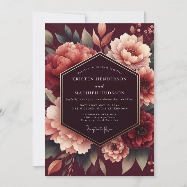 Invitation Merlot Poetic Bloom Wedding (Devant)