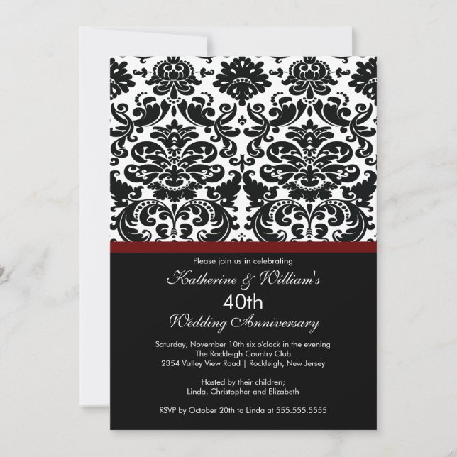 Invitation Merlot Rouge Damassé 40e Anniversaire (Devant)