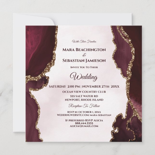 Invitation *~* MERLOT RSVP Website AGATE Gold AR13 Mariage (Devant)