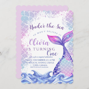 Invitation Mermaid 1er Anniversaire Fête Mignonne Bleu Rose M