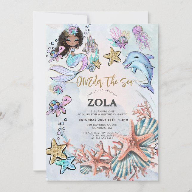 Invitation Mermaid 1er Anniversaire Fête ONE der The Sea (Devant)