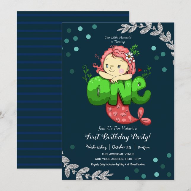 Invitation Mermaid 1er anniversaire mignon rose (Devant / Derrière)
