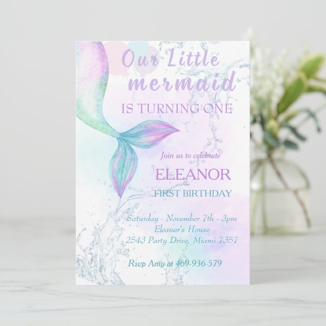 Invitation Mermaid 1er Anniversaire Sous La Fête Mermaid De M (Debout devant)