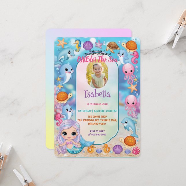 Invitation Mermaid 1ère fête Photo sous la mer anniversaire (Devant/Arrière en situation)