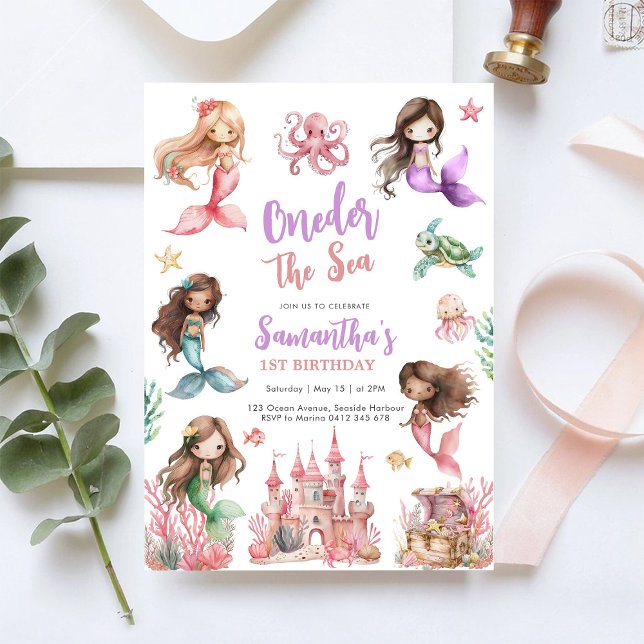 Invitation Mermaid 1st Birthday Party ONEder The Sea Mermaid  (Créateur téléchargé)