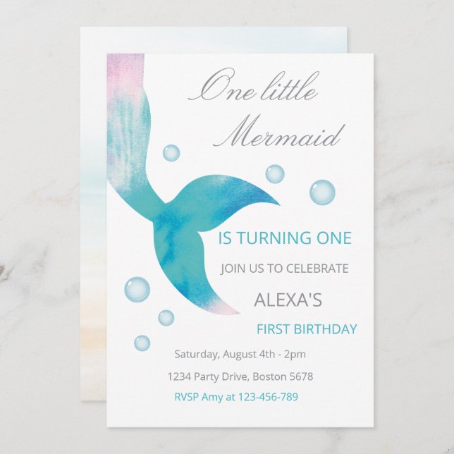 Invitation Mermaid 1st Birthday Under The Sea Mermaid Party  (Devant / Derrière)