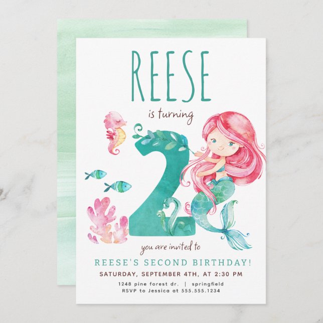 Invitation Mermaid 2e anniversaire (Devant / Derrière)