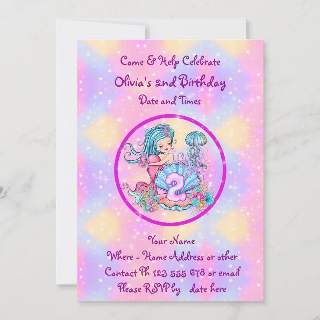 Invitation Mermaid 2e anniversaire Modifier Modifier le texte (Devant)