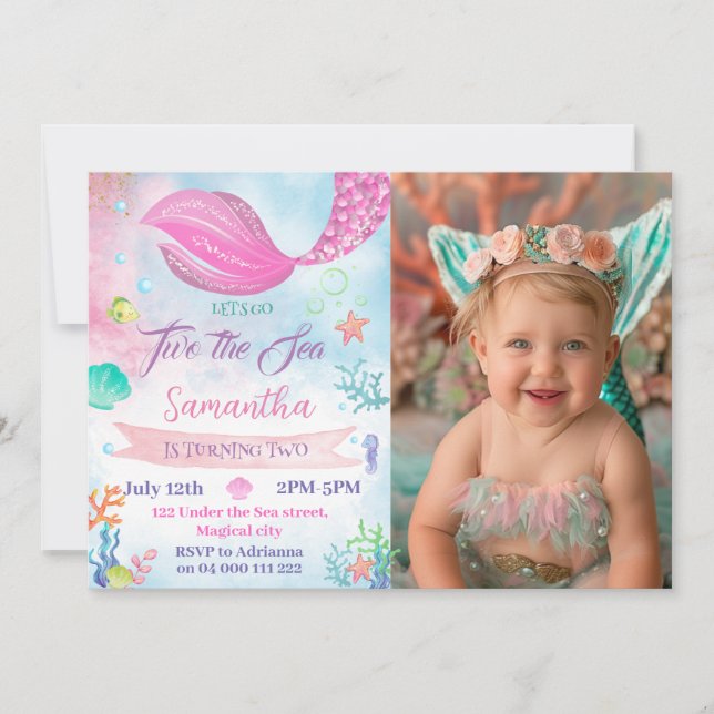 Invitation Mermaid 2ème Photo Fille d'anniversaire sous la me (Devant)