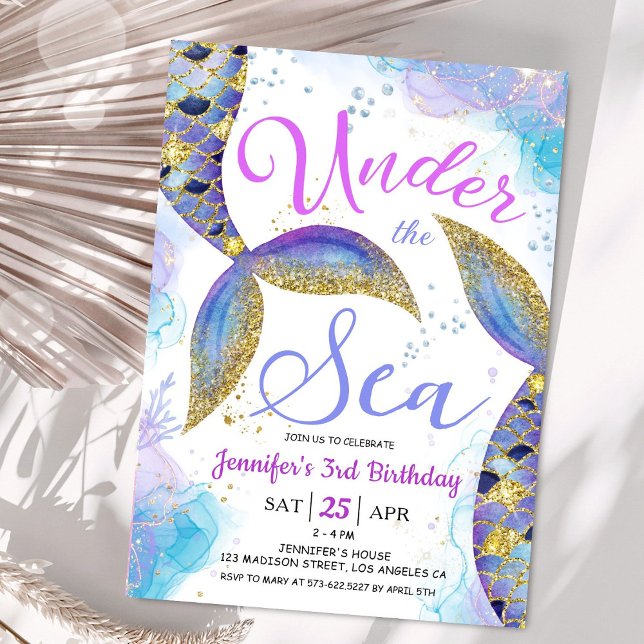 Invitation Mermaid 3e anniversaire fille rose or sous la mer (Créateur téléchargé)