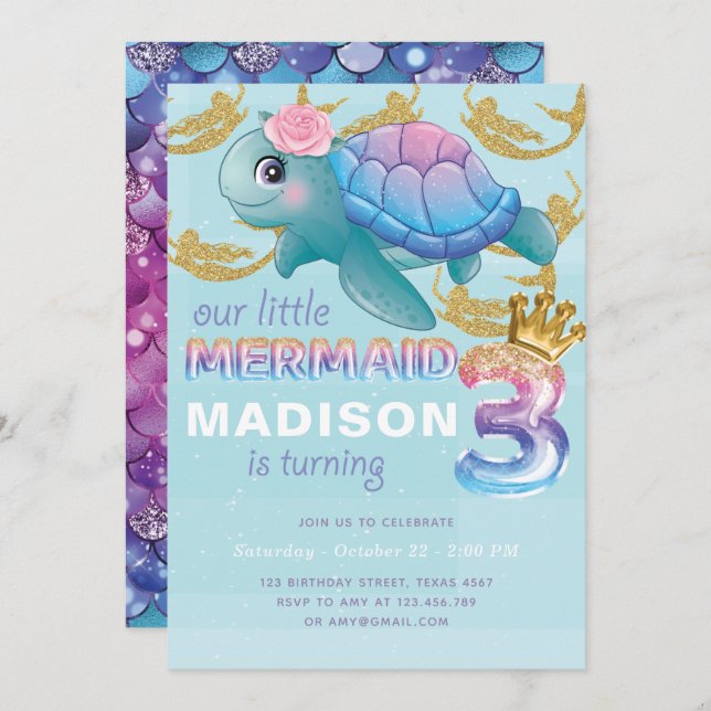 Invitation Mermaid 3e anniversaire Pink Blue Gold Parties sci (Devant / Derrière)