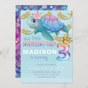 Invitation Mermaid 3e anniversaire Pink Blue Gold Parties sci