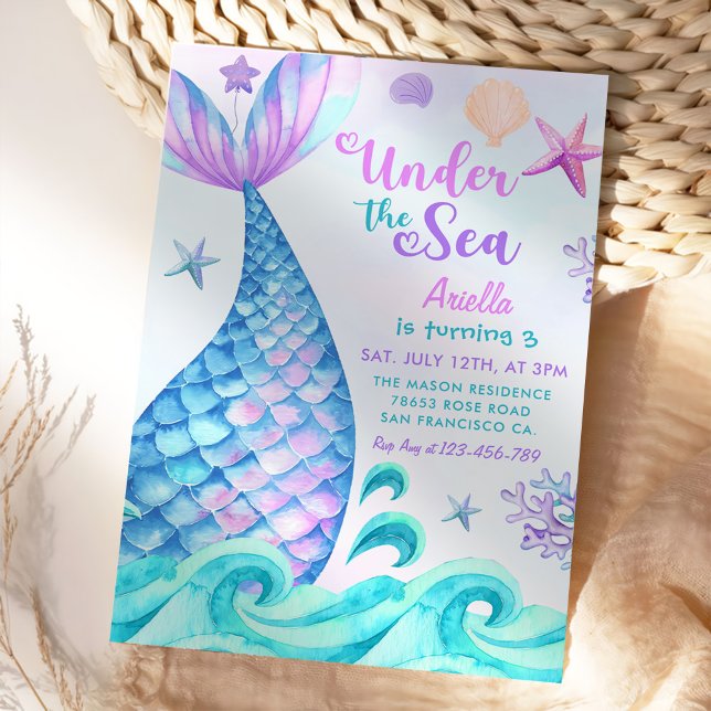 Invitation Mermaid 3e anniversaire sous la fête de la mer (Créateur téléchargé)