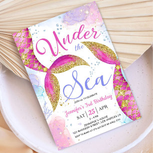 Invitation Mermaid 3ème anniversaire fête fille rose sous la