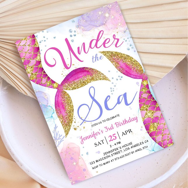 Invitation Mermaid 3ème anniversaire fête fille rose sous la  (Créateur téléchargé)