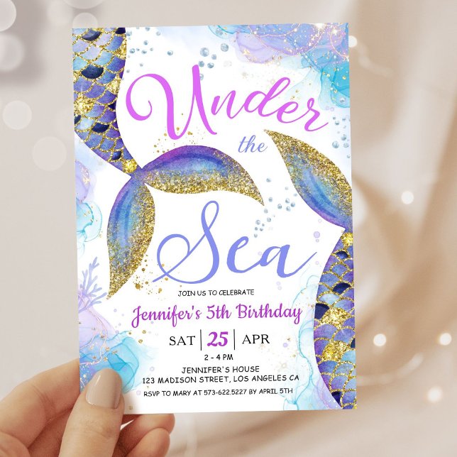 Invitation Mermaid 5e anniversaire fille rose or sous la mer (Créateur téléchargé)