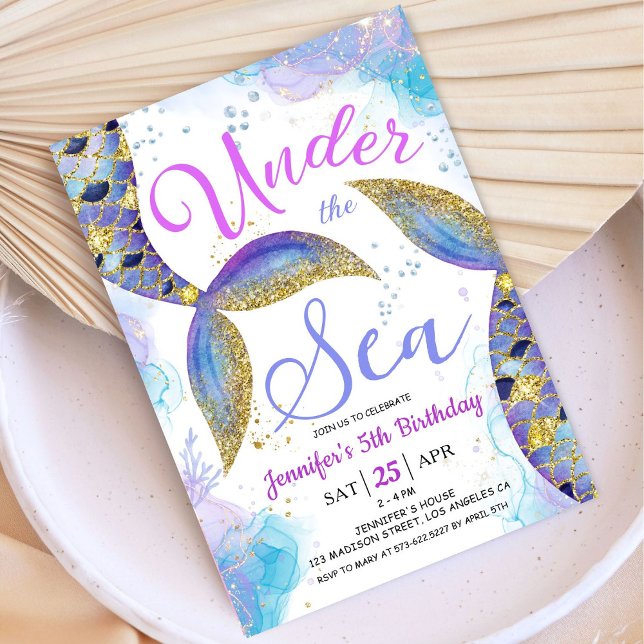 Invitation Mermaid 5e anniversaire fille rose or sous la mer (Créateur téléchargé)