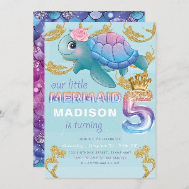 Invitation Mermaid 5e anniversaire Pink Blue Gold Parties sci (Devant / Derrière)