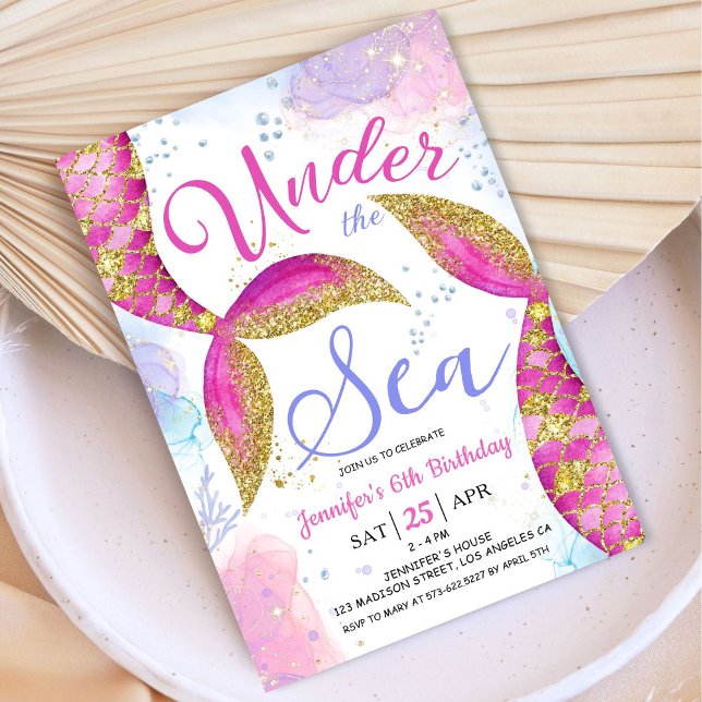 Invitation Mermaid 6e fête d'anniversaire Fille rose sous la  (Créateur téléchargé)