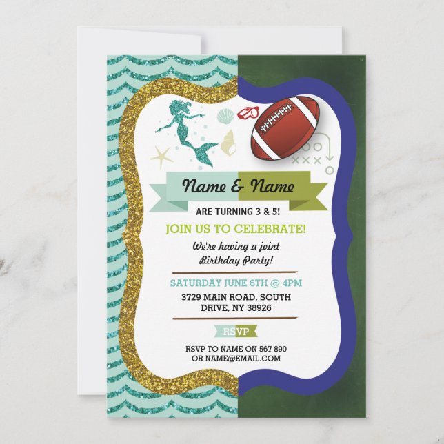 Invitation Mermaid & American Football Boy Girl Birthday (Devant)