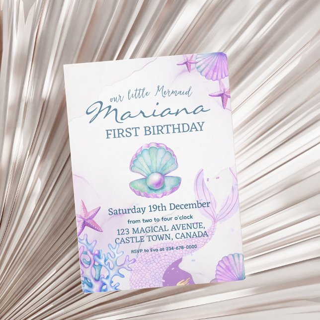 Invitation Mermaid Anniversaire de la fête Perle Premier anni (Créateur téléchargé)