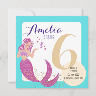 Invitation Mermaid Aqua Bleu pourpre Whimsday Birthday Kids