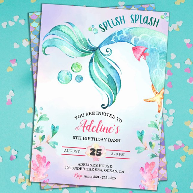 Invitation Mermaid Aquarelle Splish Splash mignon Anniversair (Mermaid Birthday Party Watercolor Invitation)