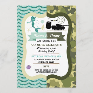 Invitation Mermaid & Army Boy Girl Birthday Shared Party
