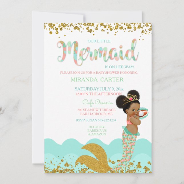 Invitation Mermaid Baby Girl African American Peach Mint Gold (Devant)