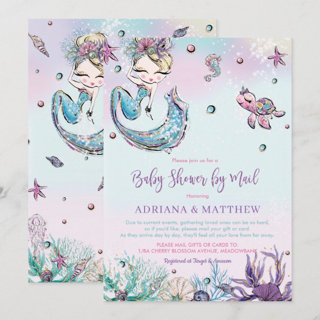 Invitation Mermaid Baby shower par Mail Long Distance Virtual (Devant / Derrière)