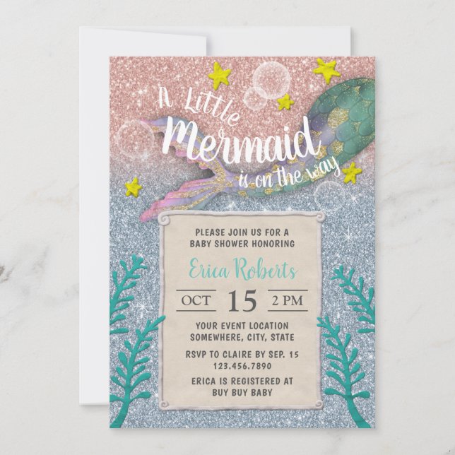 Invitation Mermaid Baby shower Rose Gold Blue Parties scintil (Devant)