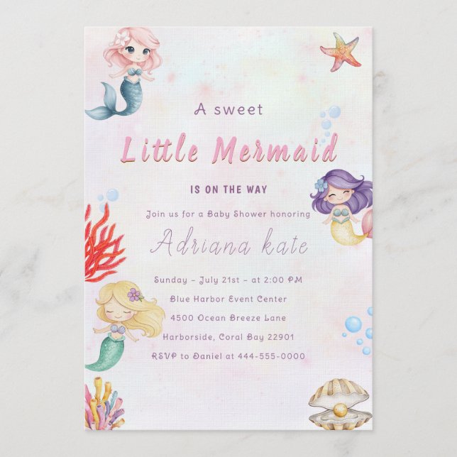 Invitation Mermaid Baby Shower Under the Sea Baby Girl Invita (Devant)