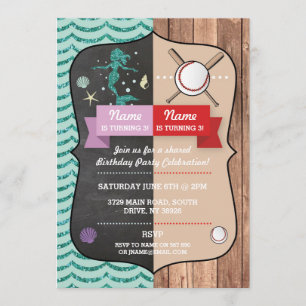 Invitation Mermaid & Baseball Joint Boy Girl Birthday Invitat