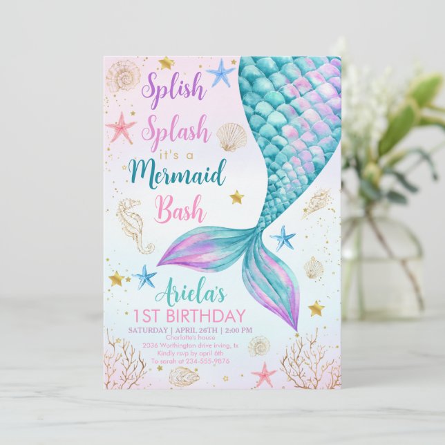 Invitation Mermaid Bash sous la mer 1er anniversaire (Debout devant)