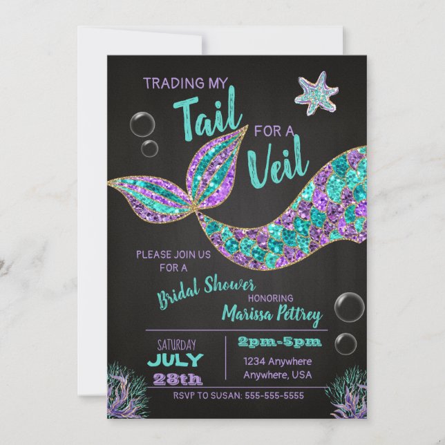 Invitation Mermaid Bridal Shower, parties scintill (Devant)