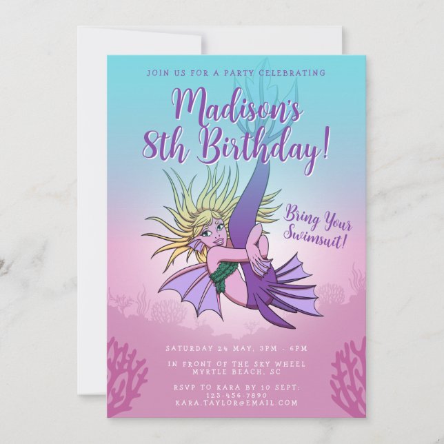 Invitation Mermaid Cute Cartoon Girl 8e anniversaire (Devant)