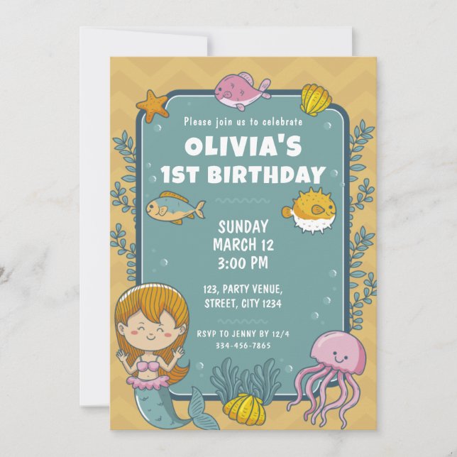 Invitation Mermaid Cute Girls 1ère fête d'anniversaire (Devant)